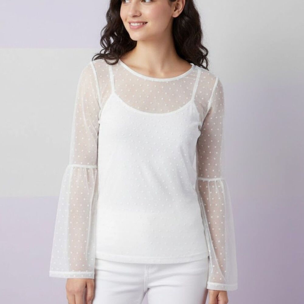 Ultra Flirt White Whimsical Polka Dot Bell-Sleeve Tulle Mesh Romantic Top SZ XS